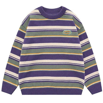 Japanese Patchwork Striped Sweater Men Knitwears New Winter Retro Vintage Harajuku Pullover Knit Embroidery Knitted Sweater